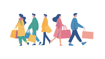 Group of five diverse people walking with shopping bags in colorful casual clothing flat minimalist vector illustration on white background