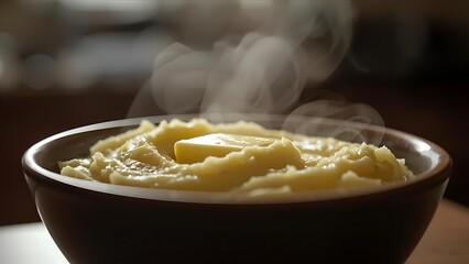 Bowl of Steaming Mashed Potatoes with Melting Butter, Comfort food: A hearty bowl of mashed potatoes topped with a pat of melting butter