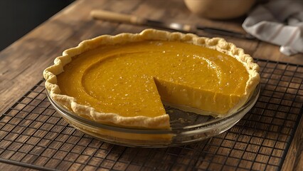 Golden slice of autumn: A luscious pumpkin pie ready to be enjoyed,  Sweet and savory delight: A perfectly baked pumpkin pie on a rustic cooling rack