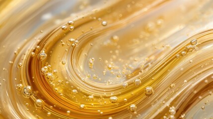 Golden viscous liquid flowing in abstract wavy swirls with shiny bubbles, a macro close up showcasing cosmetic, oil, and fluid texture concepts