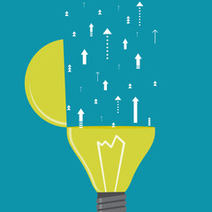 Unlimited imagination, new ideas. An open, glowing light bulb with arrows shooting upward. Brainstorming, creative concept. Developing skills and creativity