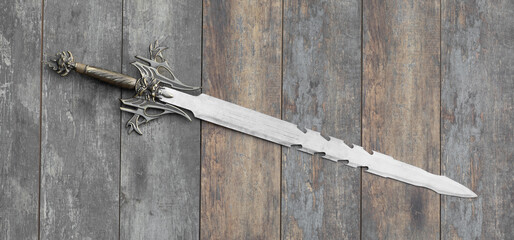 medieval sword and shield on a wooden background