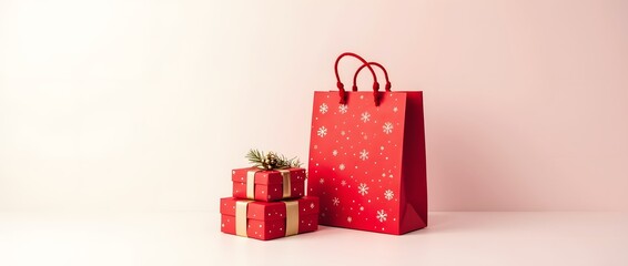 A festive arrangement of red gift boxes tied with gold ribbons and a matching snowflake-patterned shopping bag 