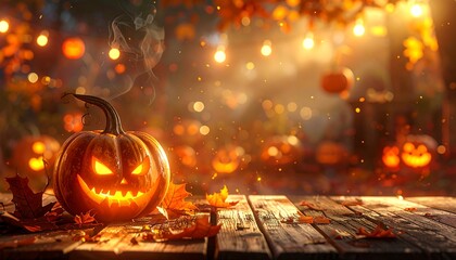 Glowing jack-o'-lantern sits on a wooden table with autumn leaves and soft bokeh background with more pumpkins