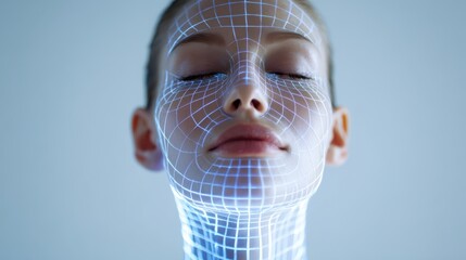Woman's biometric facial scan showing digital grid overlay, illustrating concepts of facial recognition, ai technology, future identity, privacy, and cybersecurity innovation