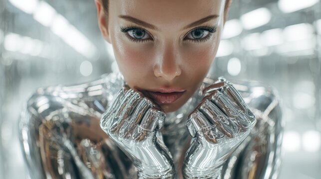 Futuristic female cyborg in metallic silver skin tight suit and gloved hands, blending human features with advanced ai and cybernetic design for a sleek, powerful sci fi portrait - Powered by Adobe