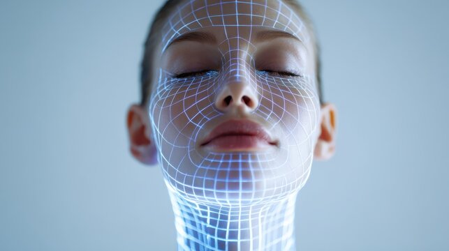 Woman's biometric facial scan showing digital grid overlay, illustrating concepts of facial recognition, ai technology, future identity, privacy, and cybersecurity innovation