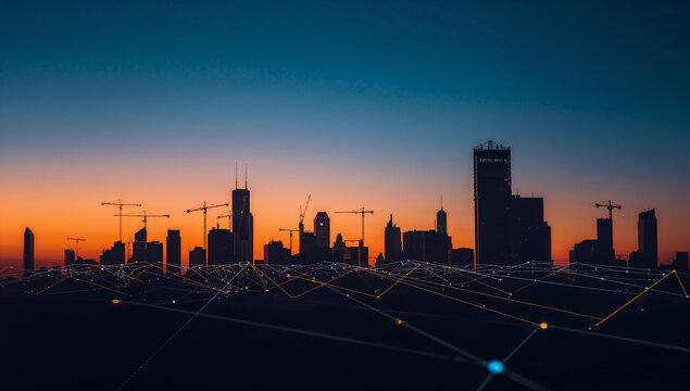 City skyline silhouette at sunset with construction cranes and network overlay
