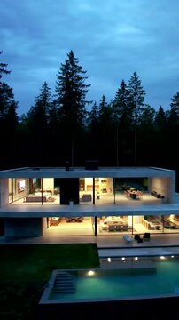 A stunning modern house surrounded by trees at dusk, showcasing beautiful lighting and a tranquil pool area.