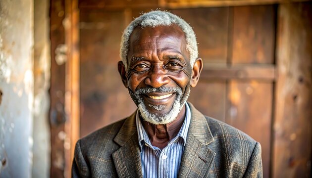 Older African man with graying hair, wearing suit jacket, standing in doorway, smiling, textured weathered background - Powered by Adobe
