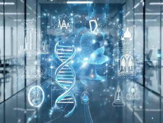 Blue DNA helix and icons overlay office space - Powered by Adobe