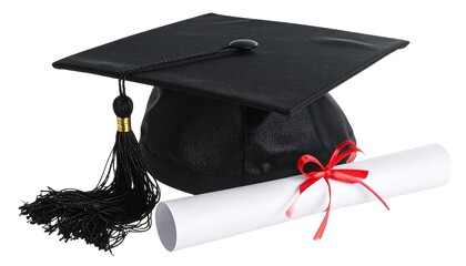 Graduation cap and diploma. Squared black cap with tassel next to scroll tied with red ribbon, on white