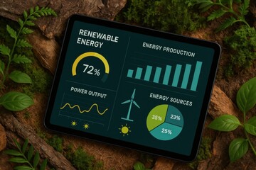 Infographic on Renewable Energy Production and Sources Displayed on a Tablet Surrounded by Nature
