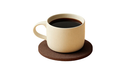 Obraz premium Beige mug filled with dark coffee sits on a brown coaster, isolated on black