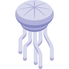 Pale Purple Stylized Jellyfish Illustration With Tentacles and Geometric Top in Isometric View Against White Background