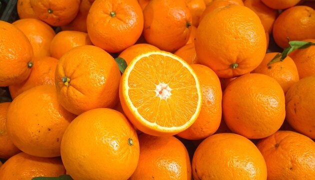 Heap of oranges, one halved exposing juicy pulp, vibrant orange peels and a few green leaves among the citrus fruit