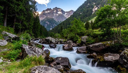 Mountain stream flowing rapidly through rocks and lush green forest, majestic peaks in the distance under a bright sky