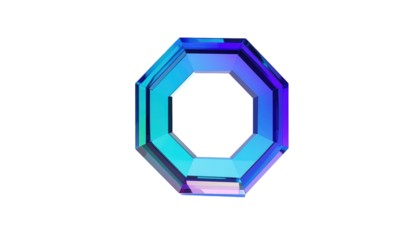 A luminous, octagonal prism object with gradient blue and purple light on a stark black background