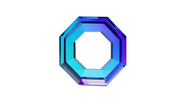A luminous, octagonal prism object with gradient blue and purple light on a stark black background