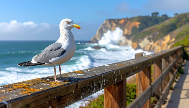 Seagull perched on a weathered wooden railing, ocean waves crashing on distant cliffs under a bright sky - Powered by Adobe