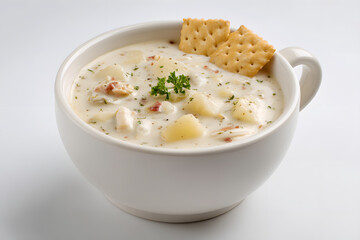 Perfectly Styled New England Clam Chowder in White Bowl with Crackers on Top and Fresh Garnish