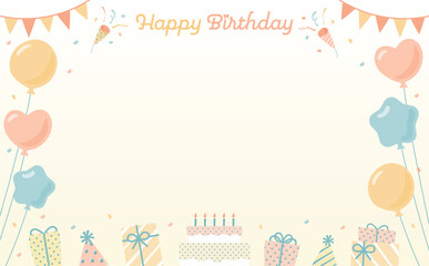 黄色い誕生日カードの背景イラスト :フレームの中にケーキと風船とプレゼントとクラッカーを描いたデザイン