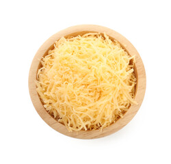 Grated cheese in bowl isolated on white, top view