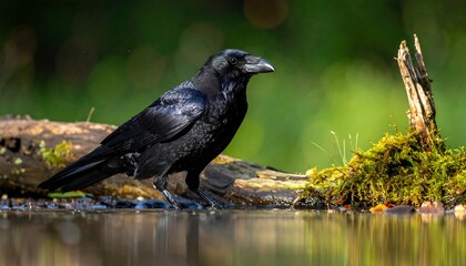 Obraz premium Shiny black crow stands in shallow water by a mossy log, against a blurry green forest backdrop