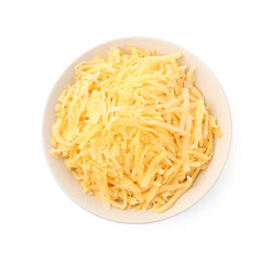 Grated cheese in bowl isolated on white, top view