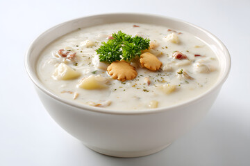 Perfectly Styled New England Clam Chowder with Creamy Texture and Garnished with Parsley and Crackers
