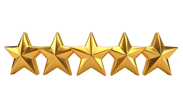 Gleaming five golden stars arranged horizontally on a black background convey quality, achievement, and ratings