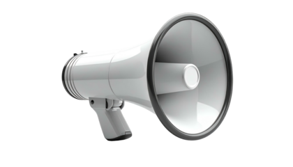 A white megaphone with a gray rim is angled against a black background, showcasing its sleek, modern design