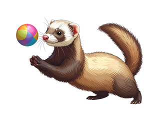  Ferret Playing with Small Ball Toy, side view, isolated