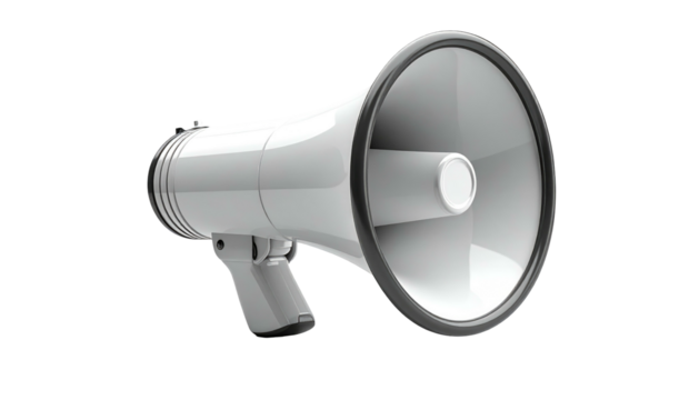 A white megaphone with a gray rim is angled against a black background, showcasing its sleek, modern design