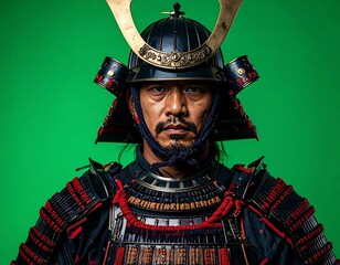 Portrait of a Japanese warrior in full traditional armor before a green backdrop