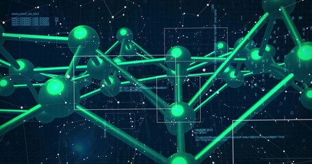 Visualizing interconnected green spheres and rods floating in digital grid, with code overlays