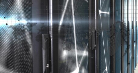 Server racks stretching through lit data center corridor, with world map pattern, network lines