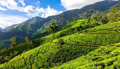 Lush green terraced hillside crops under a partly cloudy, bright blue sky in a scenic rural area