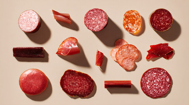 A curated selection of various cured meats and charcuterie, artfully arranged on a neutral background.