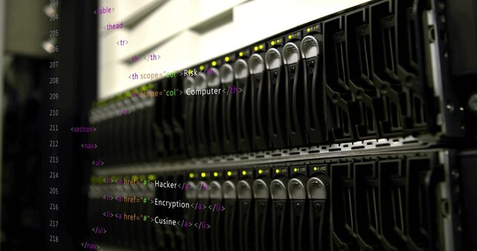 Showing server rack featuring hot-swappable drive bays in data center, with HTML code overlay