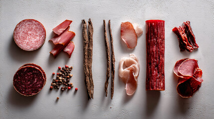 A flat lay of various artisanal cured meats, including salami, jerky, and prosciutto, arranged with peppercorns on a light surface.