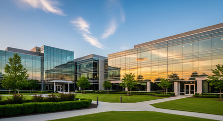 Modern office building exterior at sunset with lush green landscape and reflected sky
