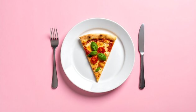 Pizza slice on plate, fork, knife, on pink. Simple flat lay, clean presentation, appetizing meal presentation - Powered by Adobe