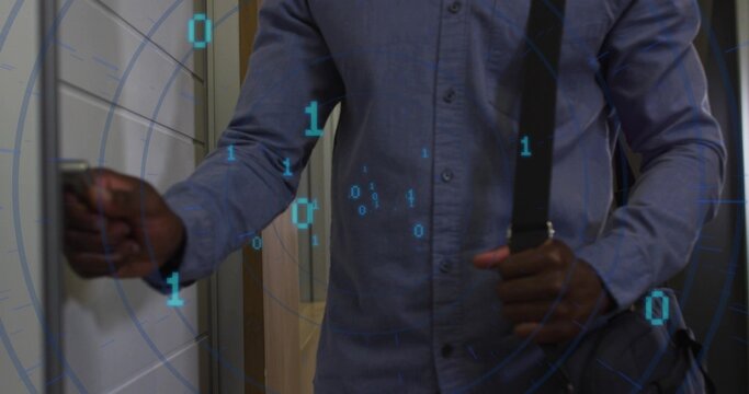 Business man scanning key card at door lock in office corridor, with shoulder bag, digital overlay - Powered by Adobe