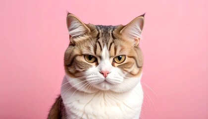 Obraz premium Portrait of a brown tabby cat with white chest on a pink background, looking directly at the camera
