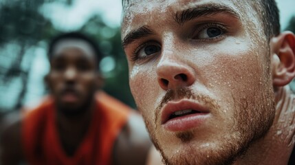 Intense focus of young caucasian male basketball player on court