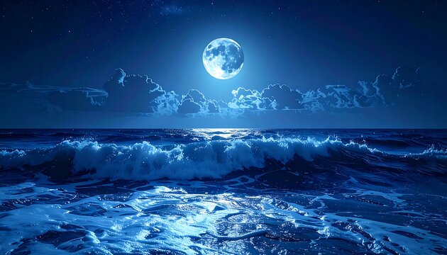 Ocean waves crash under a full moon in a starry night sky, clouds above, deep blues