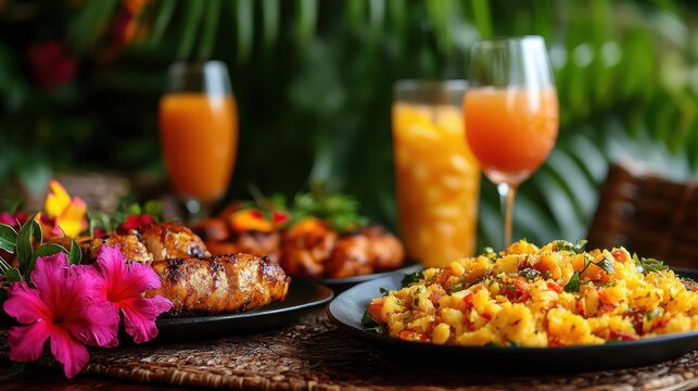 Tropical feast with grilled chicken, rice, and fruit juice in lush garden setting. Barbados Independence Day