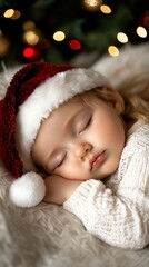 Sleeping caucasian female child in santa hat during christmas