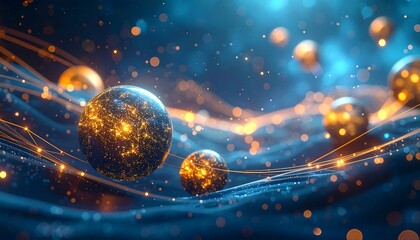 Spherical orbs with lit surfaces hover over a blue, wavy background, connected by glowing lines and scattered bokeh